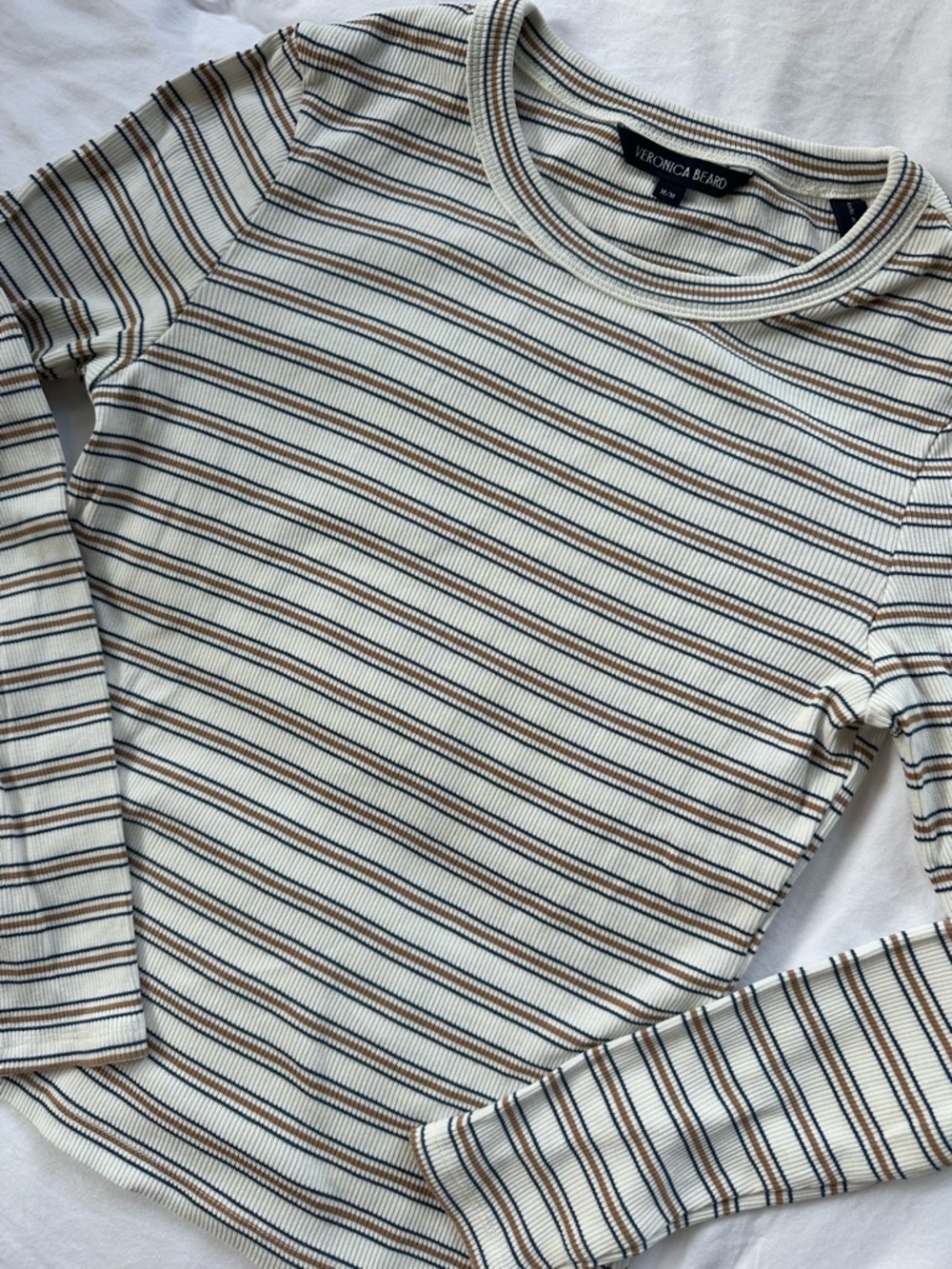 Veronica Beard Cream Ribbed Long-Sleeve Striped Tee